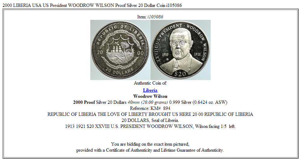 2000 LIBERIA USA US President WOODROW WILSON Proof Silver 20 Dollar Coin i105086