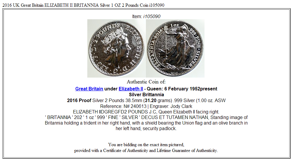 2016 UK Great Britain ELIZABETH II BRITANNIA Silver 1 OZ 2 Pounds Coin i105090