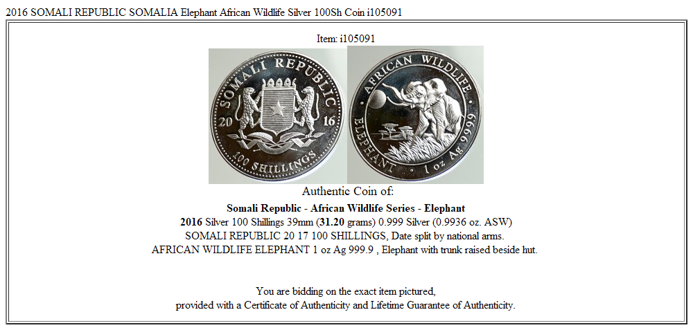 2016 SOMALI REPUBLIC SOMALIA Elephant African Wildlife Silver 100Sh Coin i105091