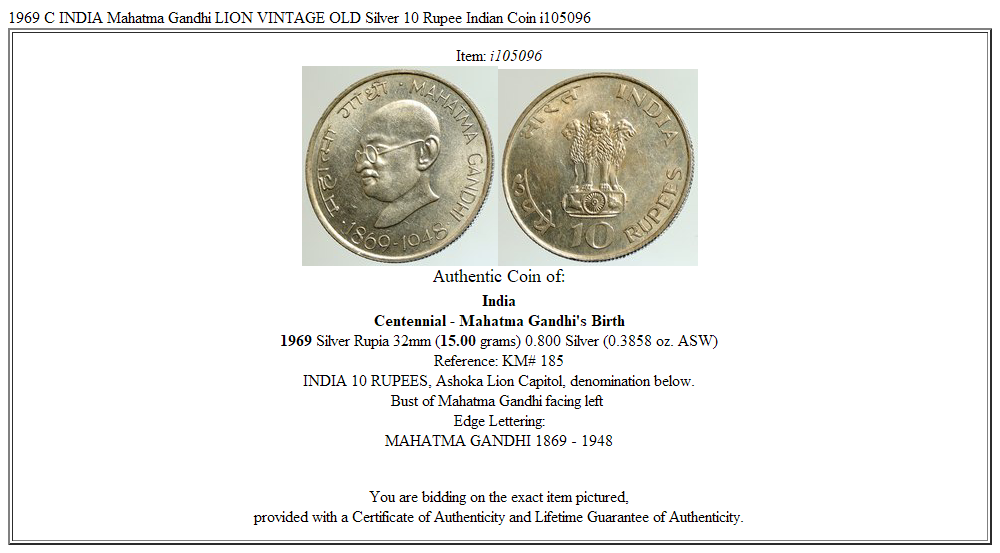 1969 C INDIA Mahatma Gandhi LION VINTAGE OLD Silver 10 Rupee Indian Coin i105096