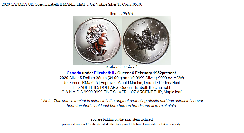 2020 CANADA UK Queen Elizabeth II MAPLE LEAF 1 OZ Vintage Silver $5 Coin i105101