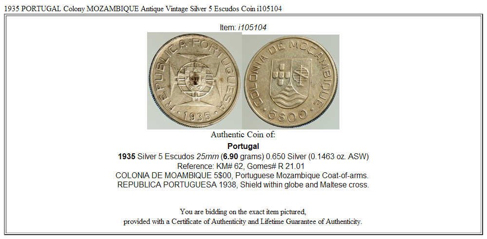 1935 PORTUGAL Colony MOZAMBIQUE Antique Vintage Silver 5 Escudos Coin i105104