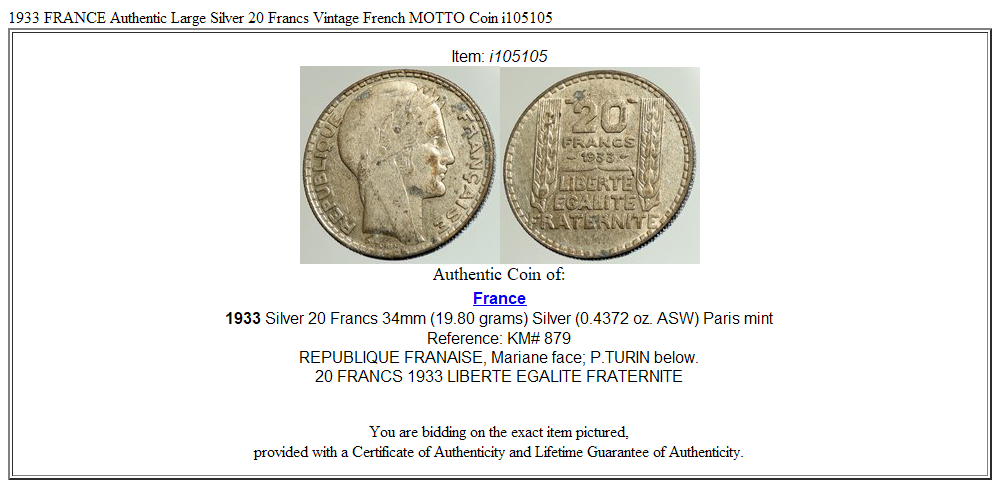 1933 FRANCE Authentic Large Silver 20 Francs Vintage French MOTTO Coin i105105