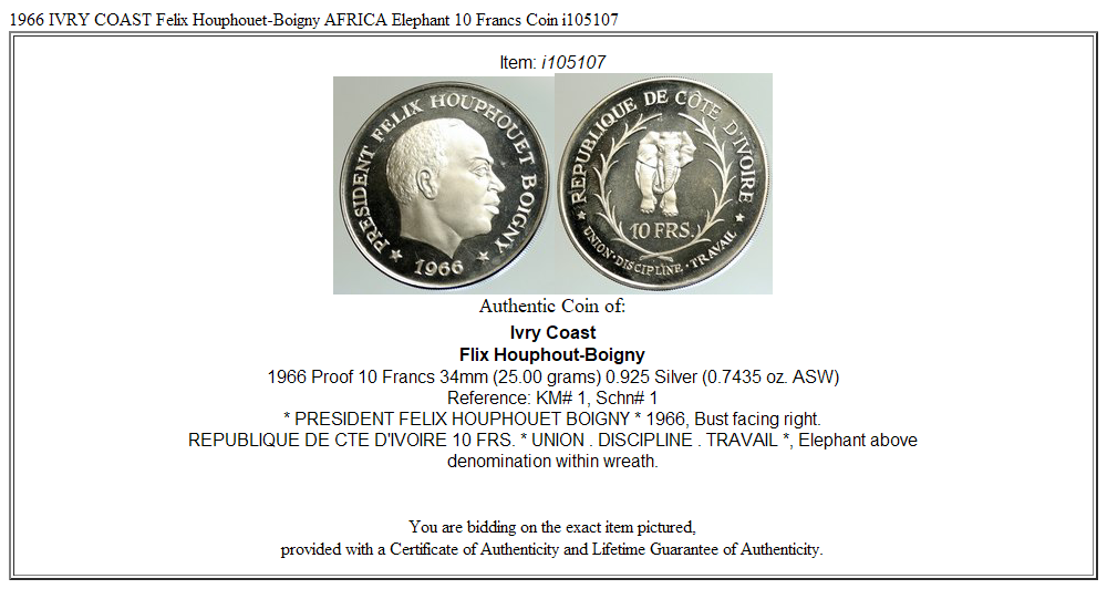 1966 IVRY COAST Felix Houphouet-Boigny AFRICA Elephant 10 Francs Coin i105107