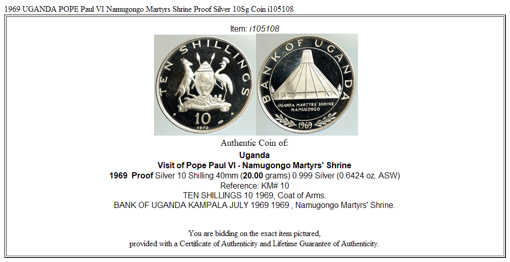 1969 UGANDA POPE Paul VI Namugongo Martyrs Shrine Proof Silver 10Sg Coin i105108