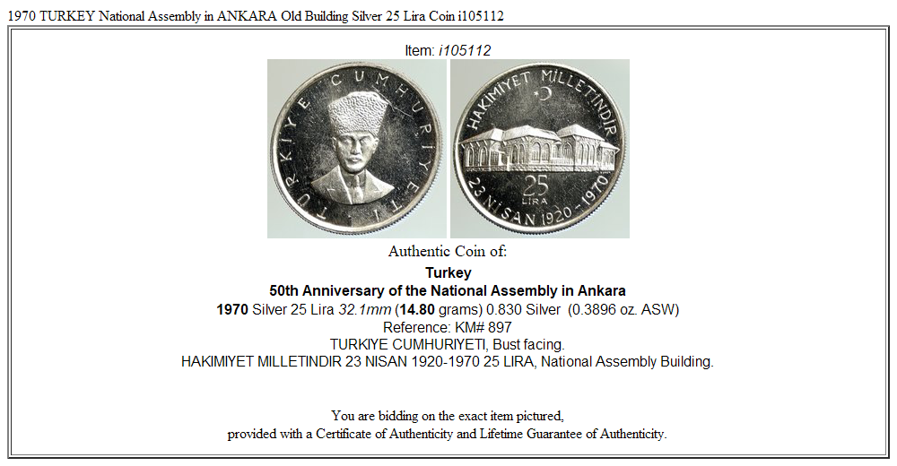 1970 TURKEY National Assembly in ANKARA Old Building Silver 25 Lira Coin i105112