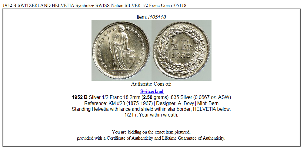 1952 B SWITZERLAND HELVETIA Symbolize SWISS Nation SILVER 1/2 Franc Coin i105118