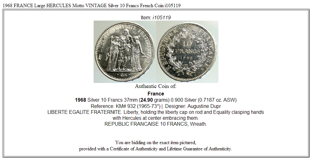 1968 FRANCE Large HERCULES Motto VINTAGE Silver 10 Francs French Coin i105119