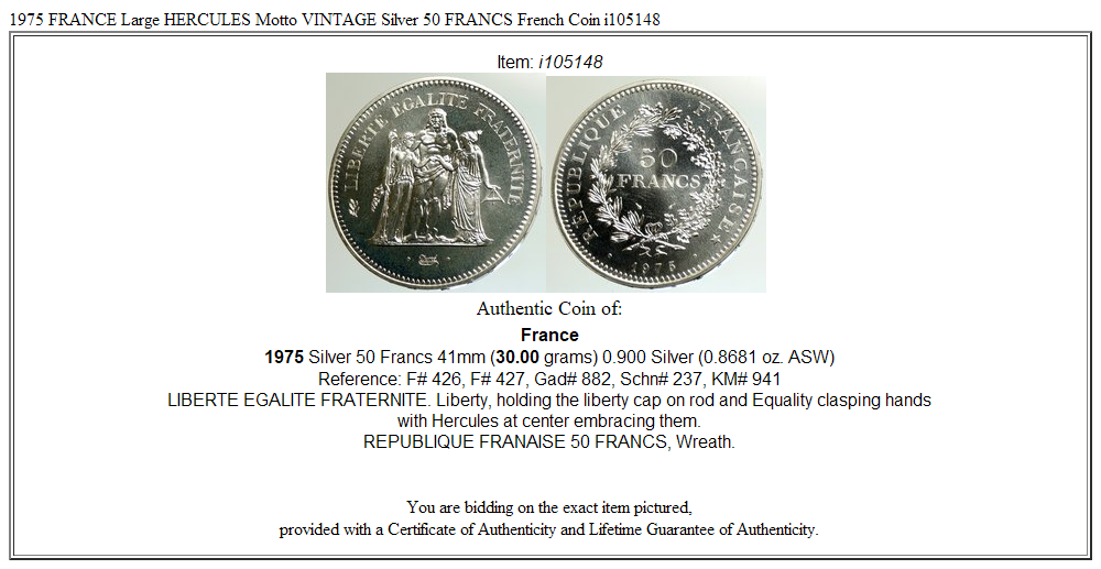 1975 FRANCE Large HERCULES Motto VINTAGE Silver 50 FRANCS French Coin i105148