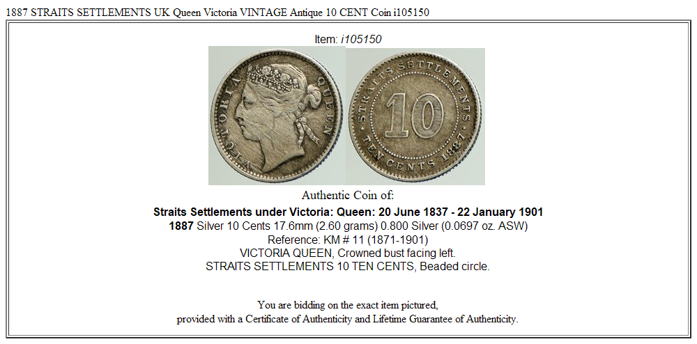 1887 STRAITS SETTLEMENTS UK Queen Victoria VINTAGE Antique 10 CENT Coin i105150