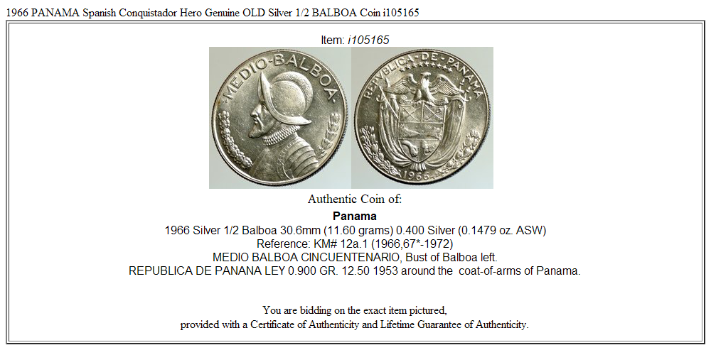 1966 PANAMA Spanish Conquistador Hero Genuine OLD Silver 1/2 BALBOA Coin i105165