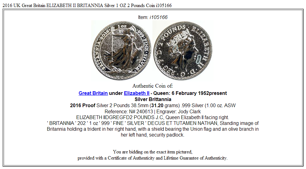 2016 UK Great Britain ELIZABETH II BRITANNIA Silver 1 OZ 2 Pounds Coin i105166