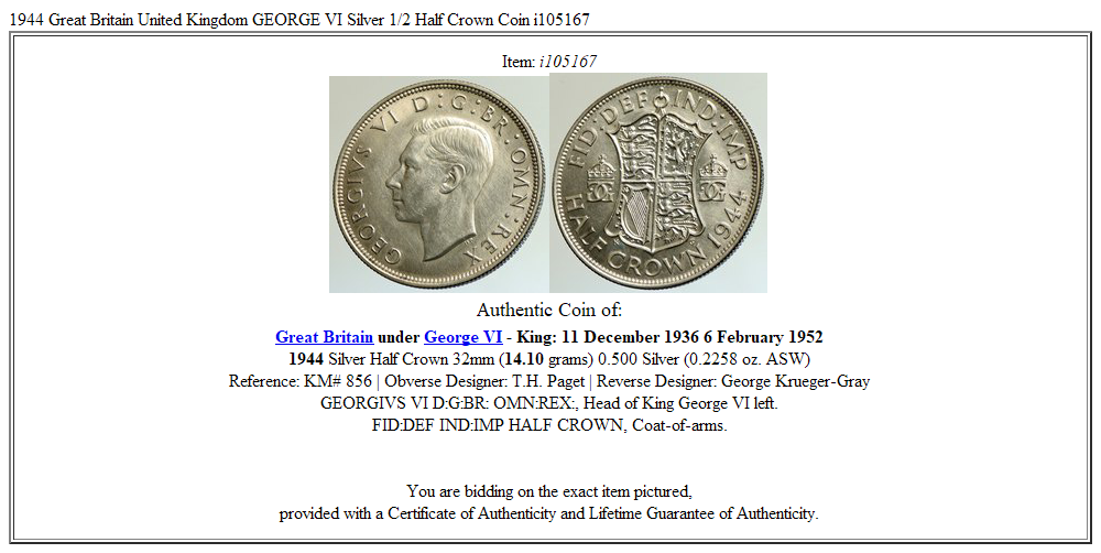 1944 Great Britain United Kingdom GEORGE VI Silver 1/2 Half Crown Coin i105167