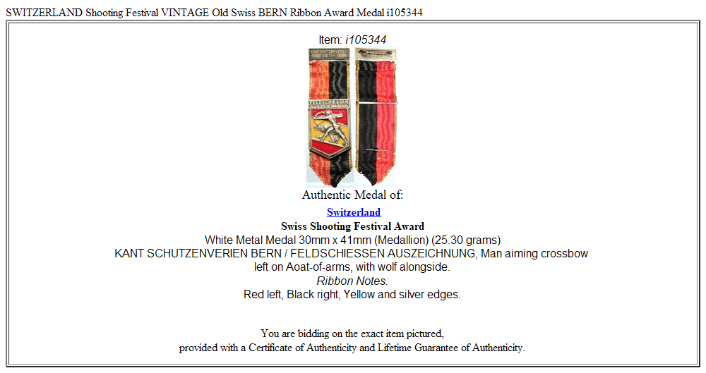 SWITZERLAND Shooting Festival VINTAGE Old Swiss BERN Ribbon Award Medal i105344