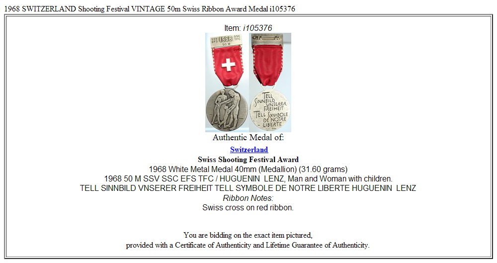 1968 SWITZERLAND Shooting Festival VINTAGE 50m Swiss Ribbon Award Medal i105376