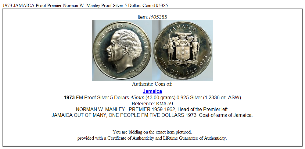 1973 JAMAICA Proof Premier Norman W. Manley Proof Silver 5 Dollars Coin i105385