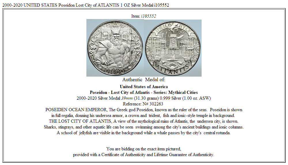 2000-2020 UNITED STATES Poseidon Lost City of ATLANTIS 1 OZ Silver Medal i105552