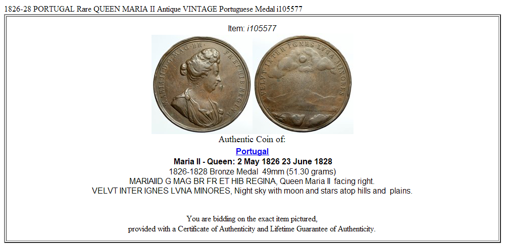 1826-28 PORTUGAL Rare QUEEN MARIA II Antique VINTAGE Portuguese Medal i105577