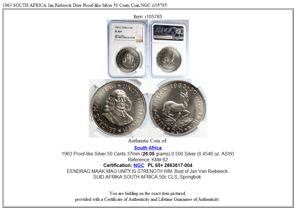 1963 SOUTH AFRICA Jan Riebeeck Deer Proof-like Silver 50 Cents Coin NGC i105785