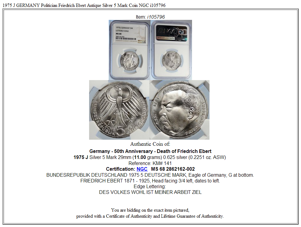 1975 J GERMANY Politician Friedrich Ebert Antique Silver 5 Mark Coin NGC i105796