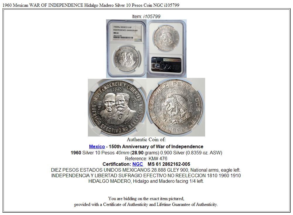 1960 Mexican WAR OF INDEPENDENCE Hidalgo Madero Silver 10 Pesos Coin NGC i105799