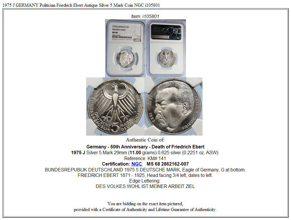 1975 J GERMANY Politician Friedrich Ebert Antique Silver 5 Mark Coin NGC i105801