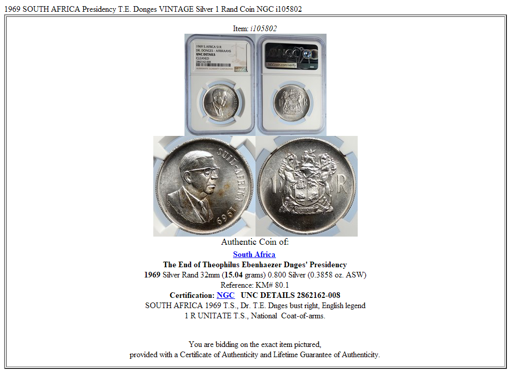 1969 SOUTH AFRICA Presidency T.E. Donges VINTAGE Silver 1 Rand Coin NGC i105802