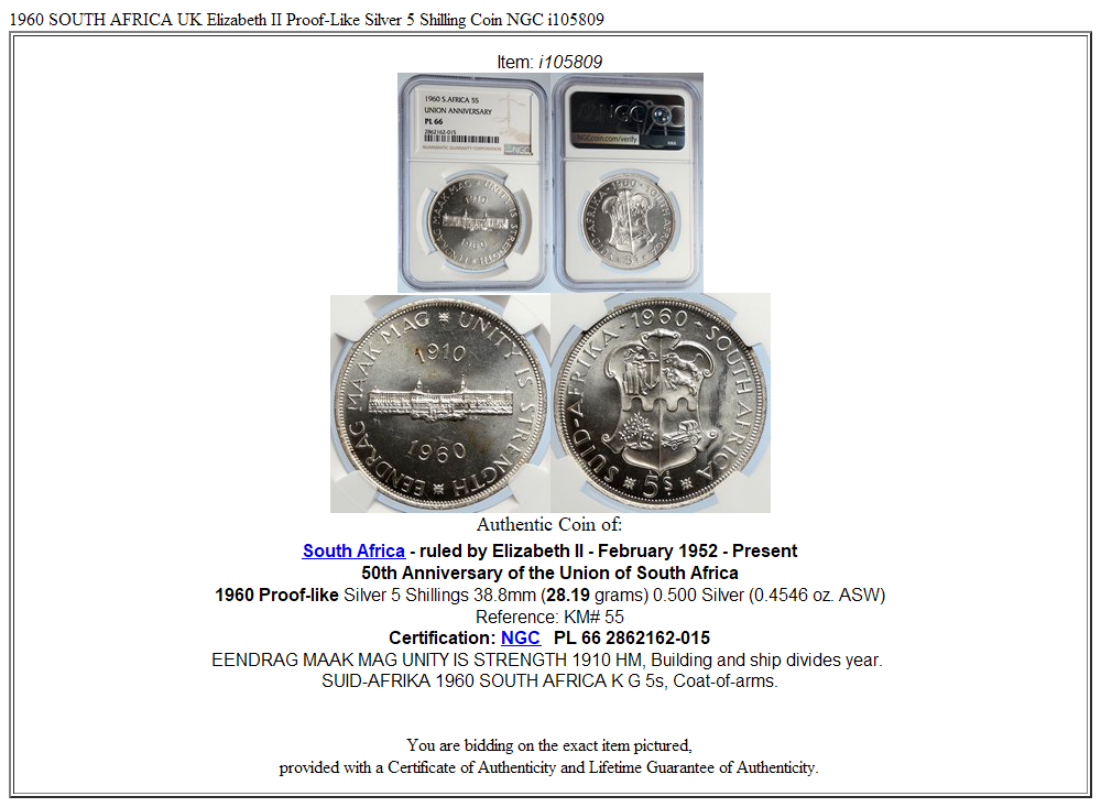 1960 SOUTH AFRICA UK Elizabeth II Proof-Like Silver 5 Shilling Coin NGC i105809