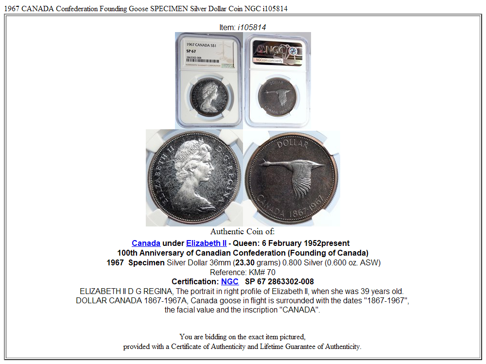 1967 CANADA Confederation Founding Goose SPECIMEN Silver Dollar Coin NGC i105814