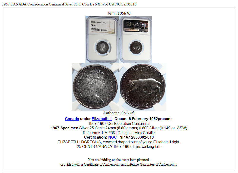 1967 CANADA Confederation Centennial Silver 25 C Coin LYNX Wild Cat NGC i105816