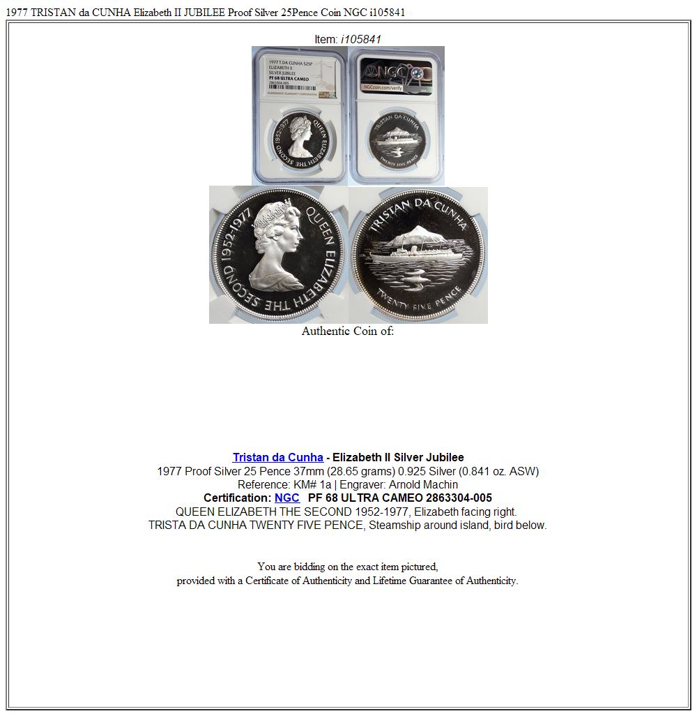 1977 TRISTAN da CUNHA Elizabeth II JUBILEE Proof Silver 25Pence Coin NGC i105841