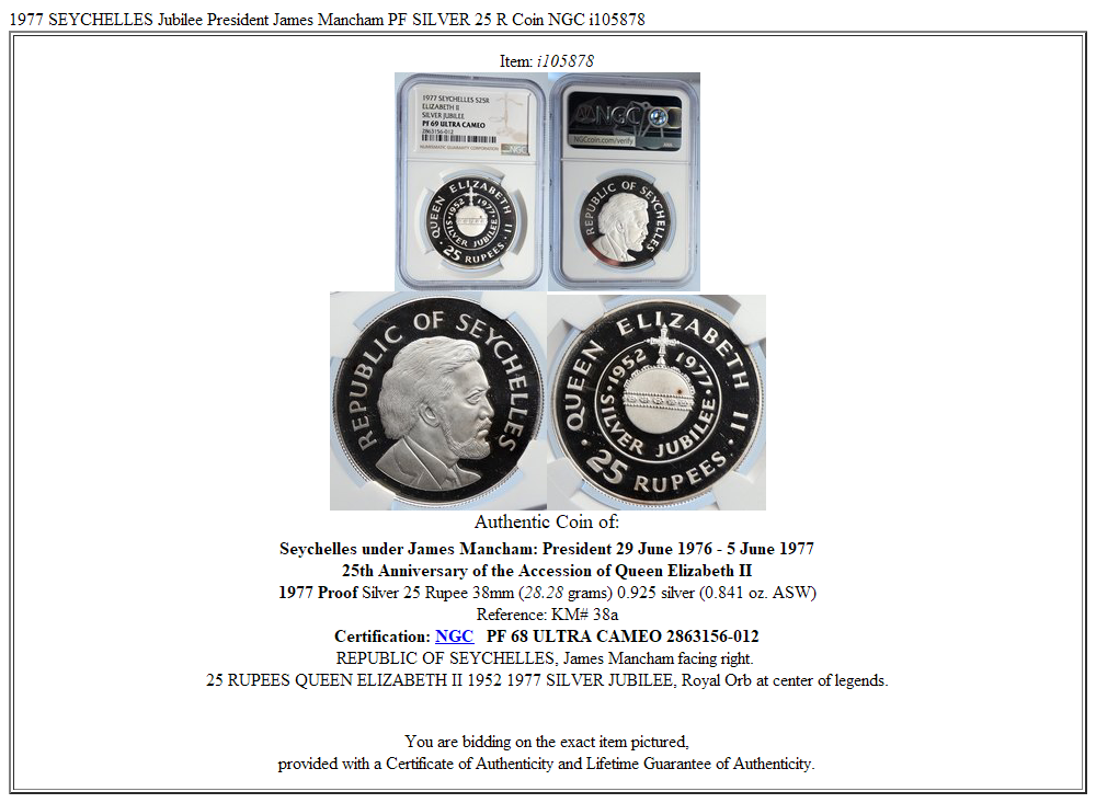 1977 SEYCHELLES Jubilee President James Mancham PF SILVER 25 R Coin NGC i105878