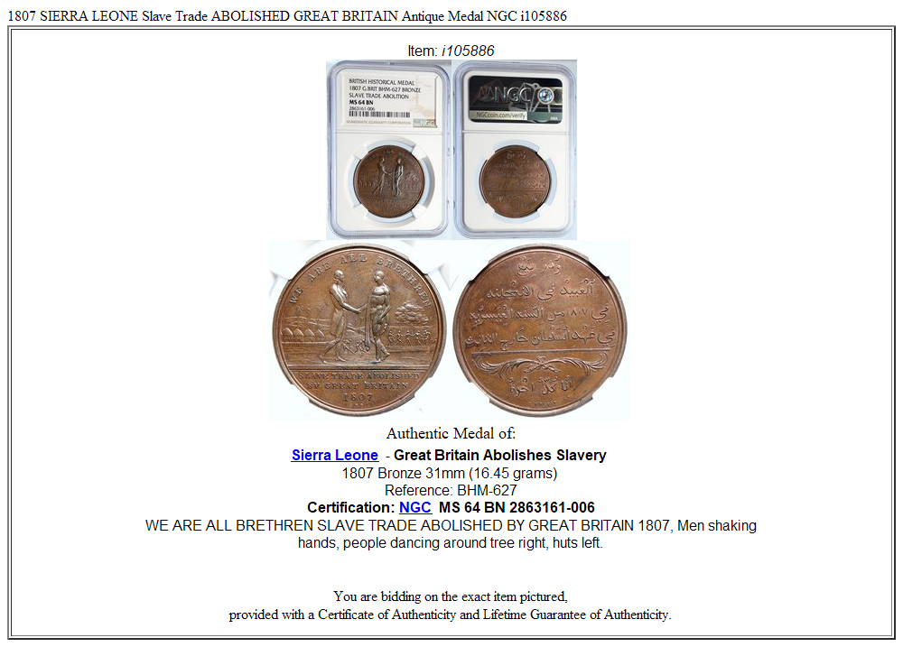 1807 SIERRA LEONE Slave Trade ABOLISHED GREAT BRITAIN Antique Medal NGC i105886