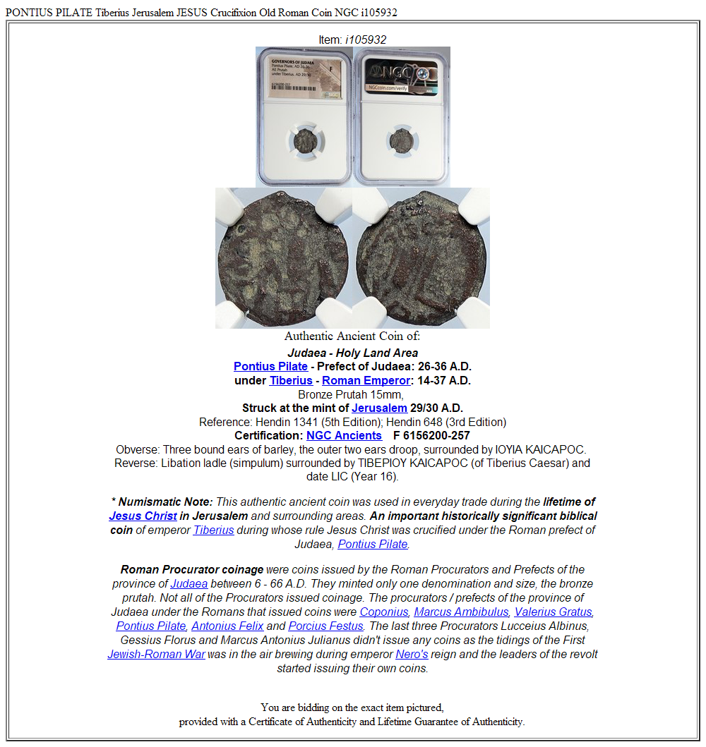 PONTIUS PILATE Tiberius Jerusalem JESUS Crucifixion Old Roman Coin NGC i105932