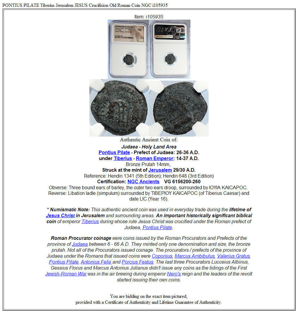 PONTIUS PILATE Tiberius Jerusalem JESUS Crucifixion Old Roman Coin NGC i105935