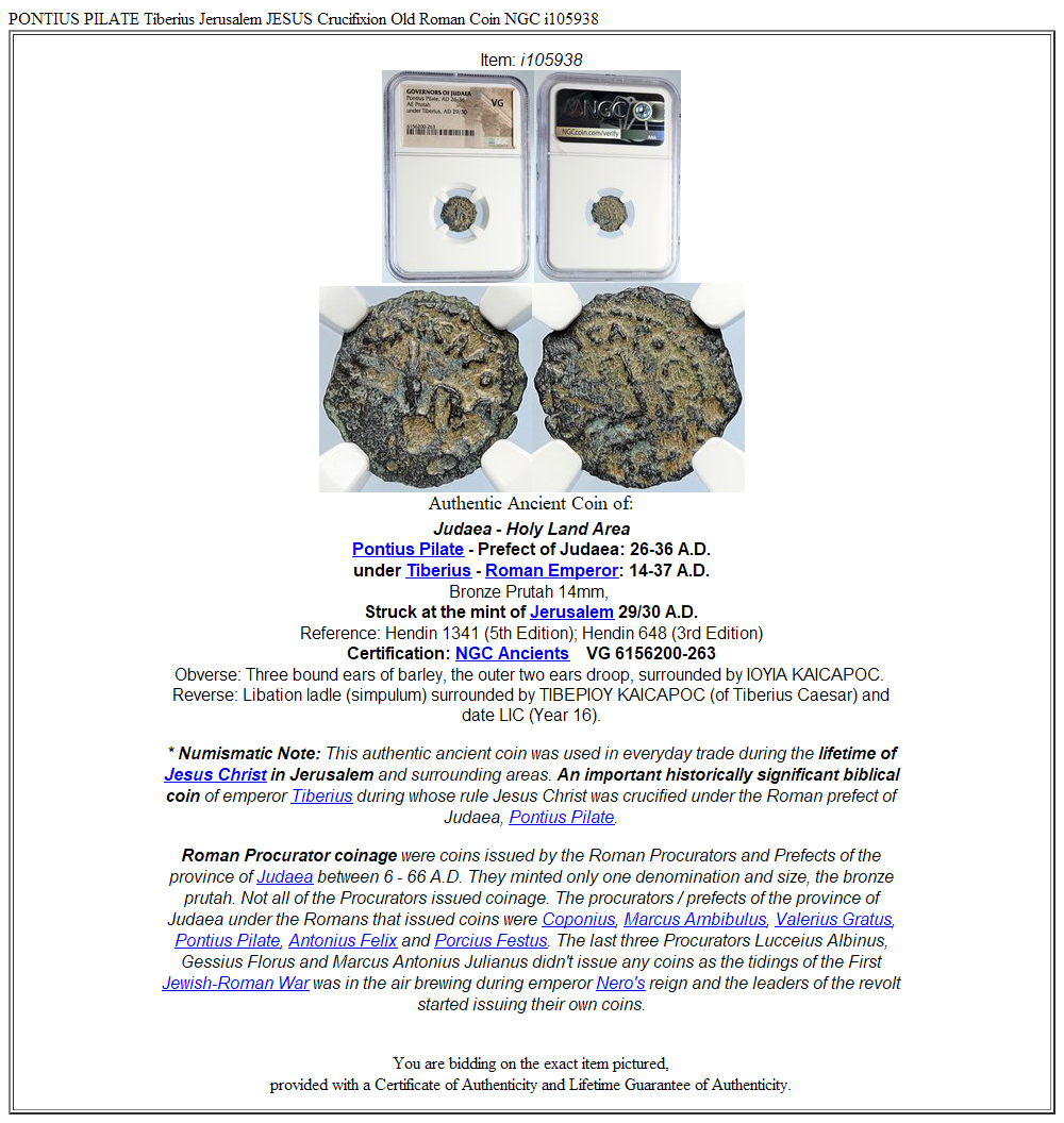 PONTIUS PILATE Tiberius Jerusalem JESUS Crucifixion Old Roman Coin NGC i105938