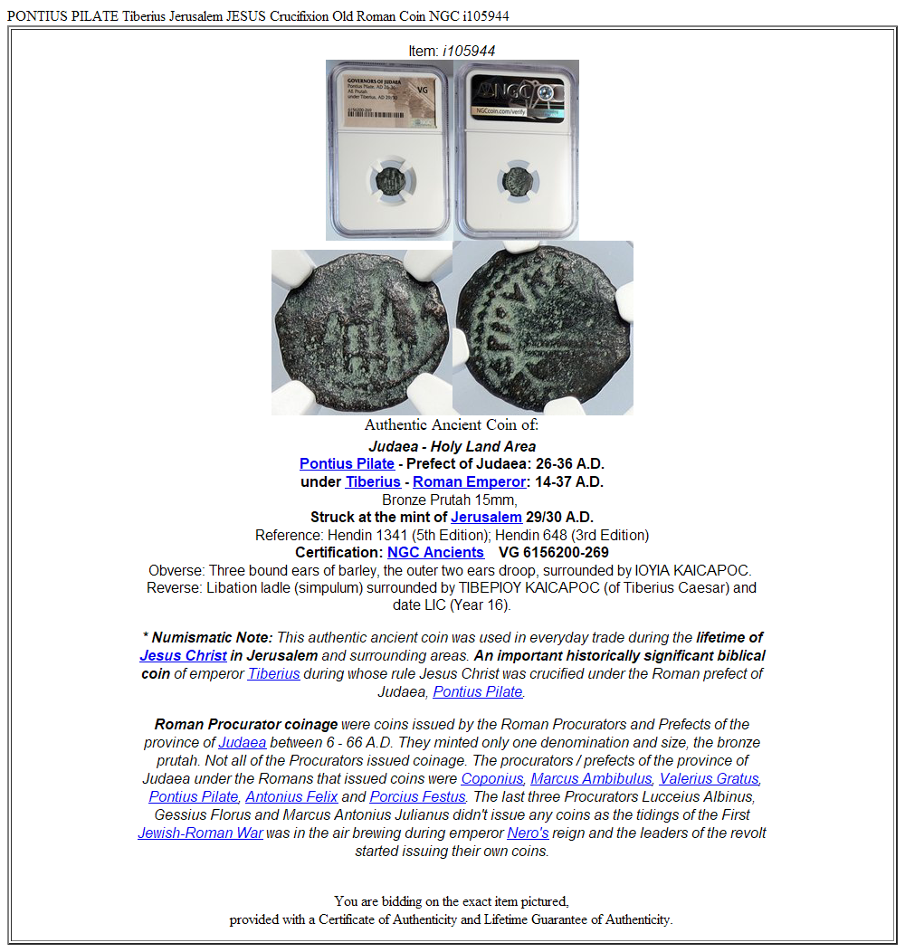 PONTIUS PILATE Tiberius Jerusalem JESUS Crucifixion Old Roman Coin NGC i105944