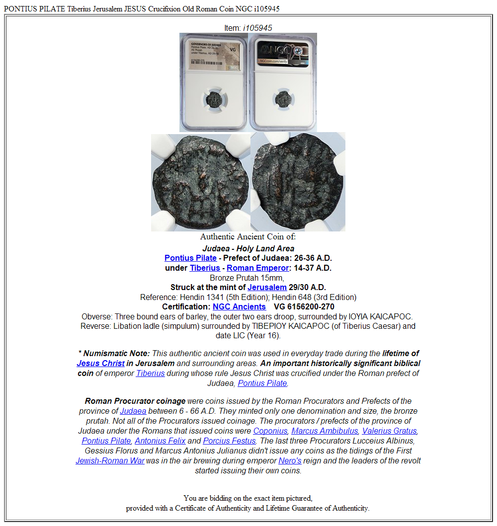 PONTIUS PILATE Tiberius Jerusalem JESUS Crucifixion Old Roman Coin NGC i105945