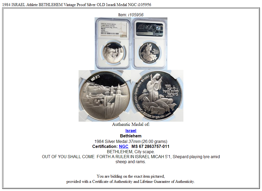 1984 ISRAEL Athlete BETHLEHEM Vintage Proof Silver OLD Israeli Medal NGC i105956