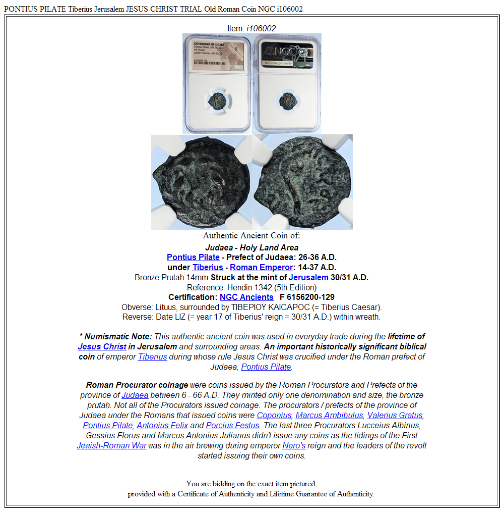 PONTIUS PILATE Tiberius Jerusalem JESUS CHRIST TRIAL Old Roman Coin NGC i106002