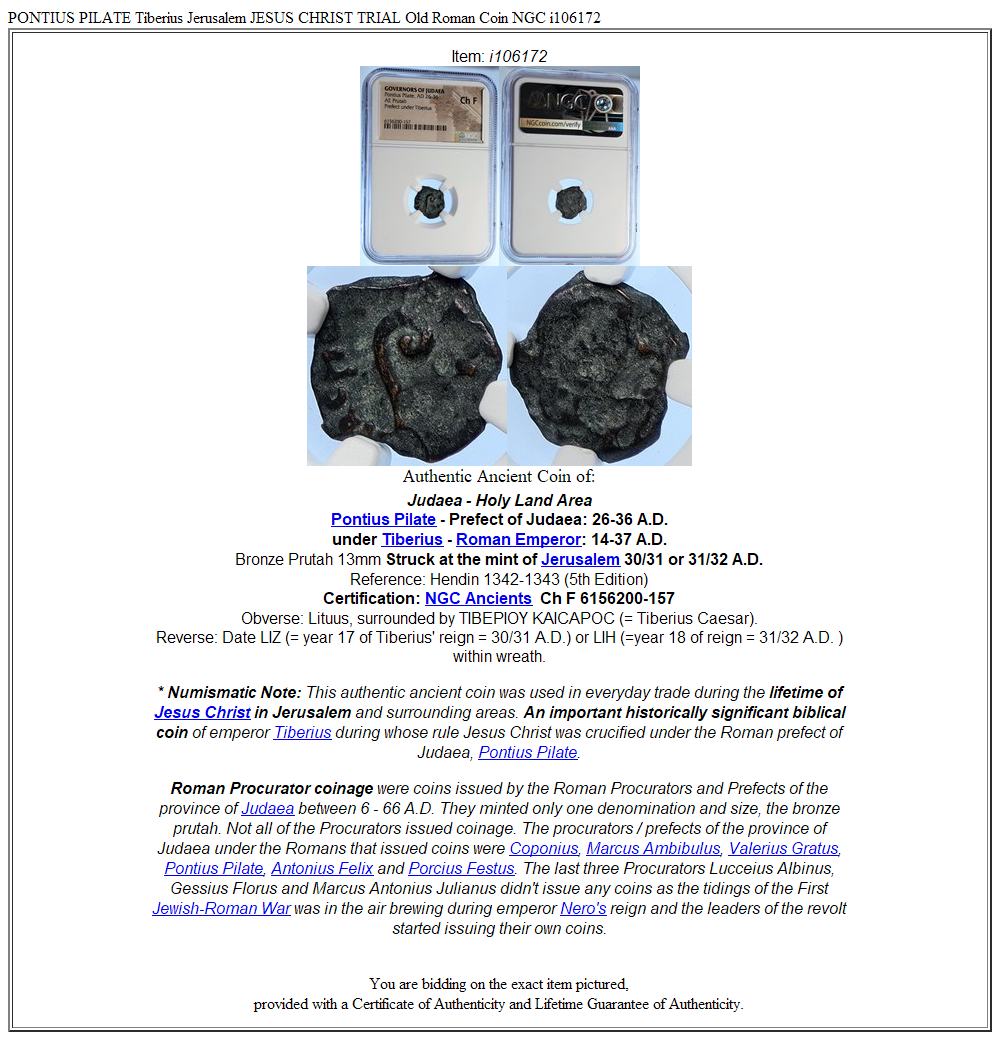 PONTIUS PILATE Tiberius Jerusalem JESUS CHRIST TRIAL Old Roman Coin NGC i106172