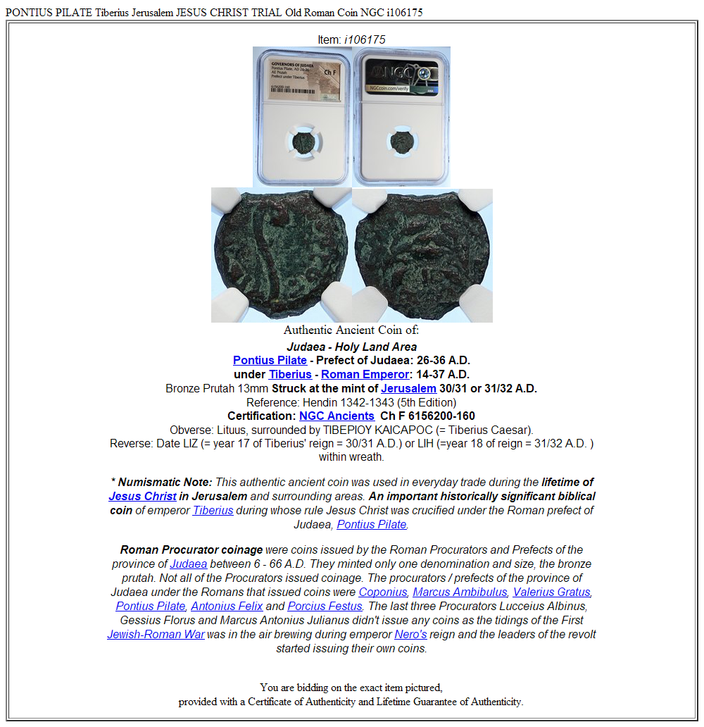 PONTIUS PILATE Tiberius Jerusalem JESUS CHRIST TRIAL Old Roman Coin NGC i106175