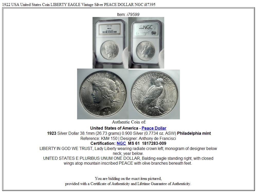 1922 USA United States Coin LIBERTY EAGLE Vintage Silver PEACE DOLLAR NGC i87395