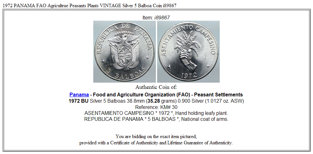 1972 PANAMA FAO Agricultrue Peasants Plants VINTAGE Silver 5 Balboa Coin i89867