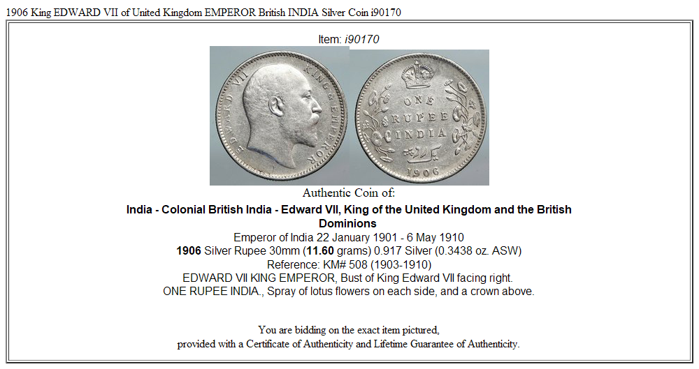 1906 King EDWARD VII of United Kingdom EMPEROR British INDIA Silver Coin i90170