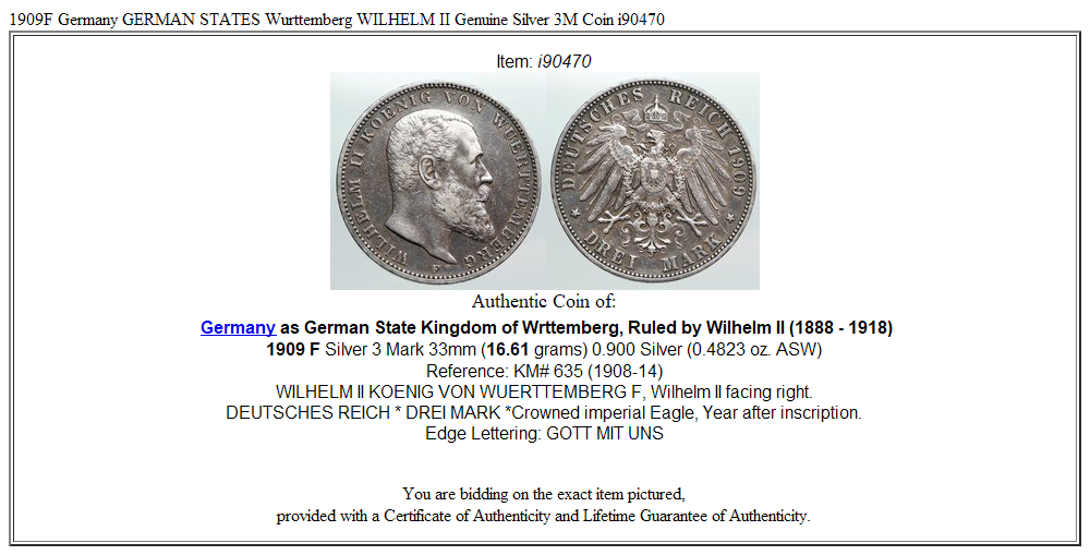 1909F Germany GERMAN STATES Wurttemberg WILHELM II Genuine Silver 3M Coin i90470