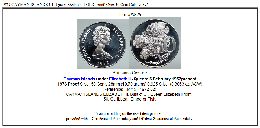 1972 CAYMAN ISLANDS UK Queen Elizabeth II OLD Proof Silver 50 Cent Coin i90825