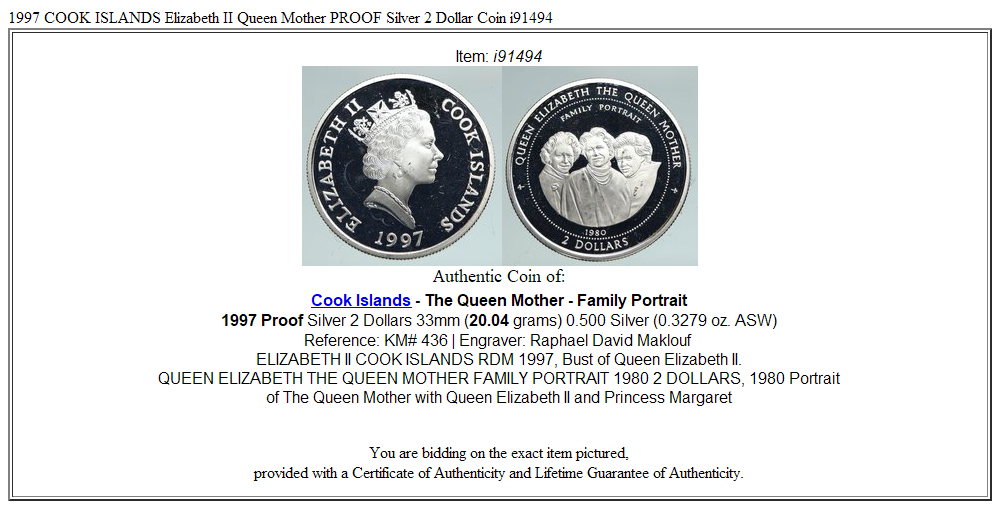 1997 COOK ISLANDS Elizabeth II Queen Mother PROOF Silver 2 Dollar Coin i91494