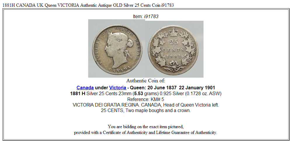 1881H CANADA UK Queen VICTORIA Authentic Antique OLD Silver 25 Cents Coin i91783