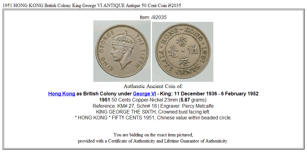 1951 HONG KONG British Colony King George VI ANTIQUE Antique 50 Cent Coin i92035